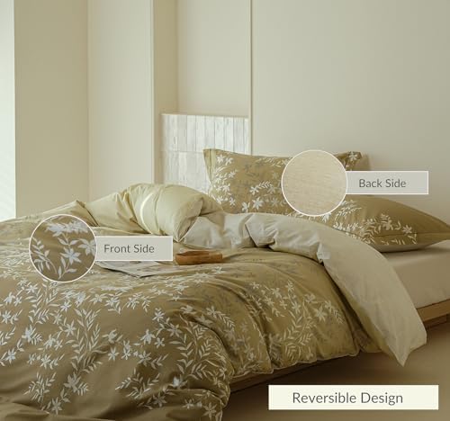 Comforter Queen Size - 100% Cotton Gradient Mustard Yellow Floral Reversible Comforter Set, Luxury and Breathable Bedding Set for All Season, 3 Pieces, 90"x90"
