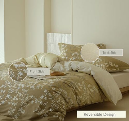 Comforter King Size - 100% Cotton Gradient Mustard Yellow Botanical Reversible Comforter Set, Luxury and Breathable Bedding Set for All Season, 3 Pieces, 104"x90"