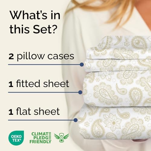 King 4 Piece Floral Sheet Set - Soft, Breathable & Cooling - Taupe Paisley