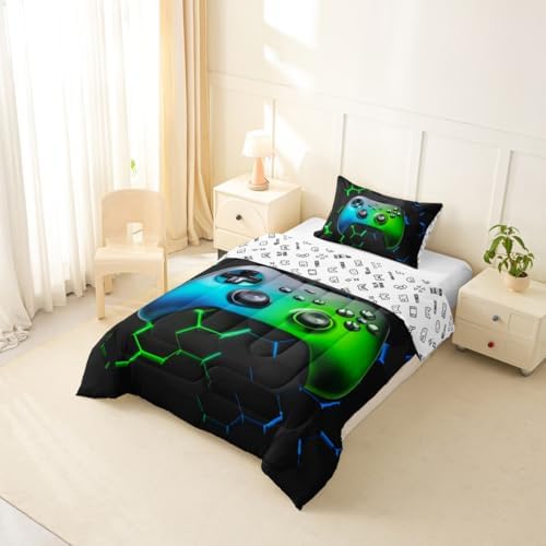Gaming Reversible Comforter Set Honeycomb Hexagon Bedding Set for Kids Adults Video Game Controller Comforter Cool Gamepad Geometric Quilted Duvet Set Bedroom Collection Twin Size 2Pcs,Green and Blue