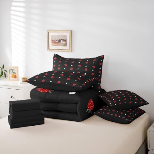 Erosebridal Kawaii Strawberry Full Size Comforter Set, Cute Fruits Theme Sweet 7-Piece Bed in A Bag, Red Black Sheets and Pillowcases, Heart Pattern Bedding Set Room Decor