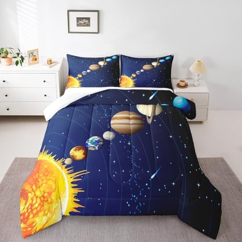 Erosebridal Boys Outer Space Down Comforter, Kids Galaxy Nebula Comforter Set King Size, Starry Sky Cosmos Bedding Set for Children Girls, Solar System Starry Landscape Quilted Duvet, Blue Purple