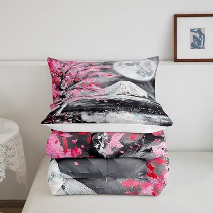 Castle Fairy Japanese Ukiyoe Comforter Set Twin Size,Fuji Mountain Scenery Quilt Set for Kids Girls Boys Home Room Decor Pink Cherry Blossoms Tree Bedding Set Retro Oil Painting Art Duvet Insert 2pcs