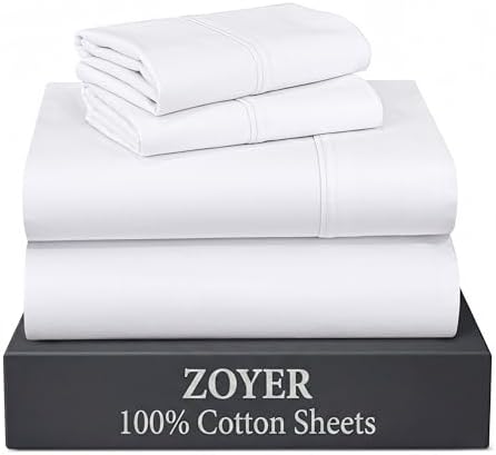 ZOYER 100% Cotton Sheets – California King Percale Bedding, Cooling & Breathable, Durable with a Crisp, Soft & Comfortable Feel, 14" Deep Pocket, 4-Piece Set, Bright White