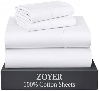 ZOYER 100% Cotton Sheets – California King Percale Bedding, Cooling & Breathable, Durable with a Crisp, Soft & Comfortable Feel, 14" Deep Pocket, 4-Piece Set, Bright White