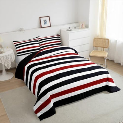 Homewish Stripe Art Comforter Set King Size,Red Black White Bedding Sets 3Pcs for Kids Girls Boys Women Room Decor,Modern Simple Quilted Duvet Abstract Art Down Comforter,2 Pillowcases