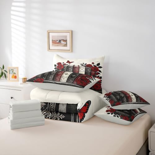 Erosebridal Book Art 7 Piece Bedding Set King Romantic Rose Comforter Set with Sheets Dark Retro Floral Bed in a Bag Black Red Ancient Bed Sets Comforter
