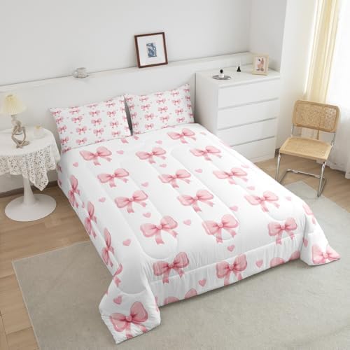 Feelyou Bow Bedding Set for Kids Girls Woman King Size Bow Decor Comforter Set Ultra Soft Cute Coquette Bow Knot Comforter Love Heart Pattern Duvet Quilt Bedroom Decor Bowknot Quilt
