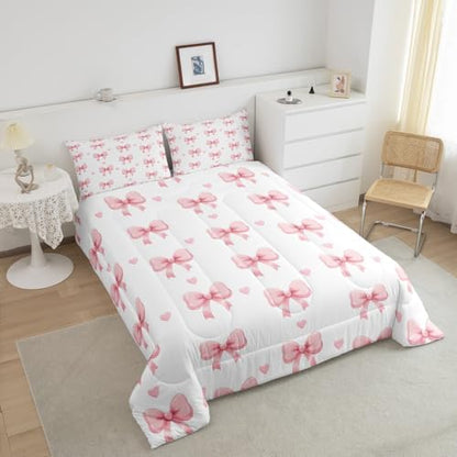 Feelyou Bow Bedding Set for Kids Girls Woman King Size Bow Decor Comforter Set Ultra Soft Cute Coquette Bow Knot Comforter Love Heart Pattern Duvet Quilt Bedroom Decor Bowknot Quilt