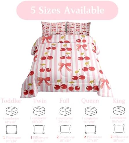 jejeloiu Pink Bow Kids Comforter Set King Size Colourful Bowknot Bedding Set Fruit Duvet Quilt for Kids Boys Girls Bedroom Cherry Decor Microfiber Ultra Soft Breathable