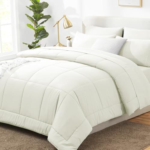 CozyLux Queen Comforter Set Ivory - 7 Pieces Bed in a Bag