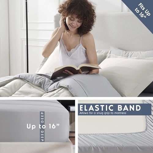 Nestl 9 Piece Queen Comforter Set – Off White Reversible Bed in a Bag – Complete Queen Size Bedding Set with Sheets, Set of 2 Cooling Pillows, Pillowcases and Shams