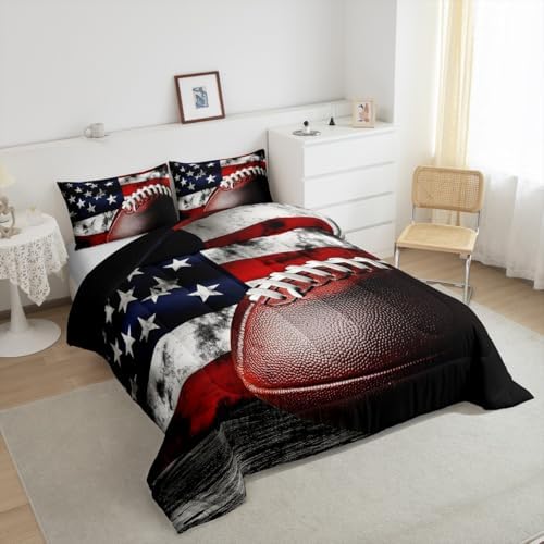 Castle Fairy American Ball Games Bedding Set Full Size Vintage USA Flag Print Comforter for Child Teens Boys Rugby Football Down Comforter Bedroom Decor Modern Sports Duvet Insert with 2 Pillowcases