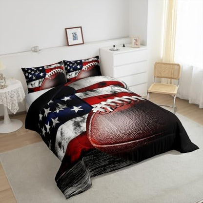 Castle Fairy American Ball Games Bedding Set King Size Vintage USA Flag Print Comforter for Child Teens Boys Rugby Football Down Comforter Bedroom Decor Modern Sports Duvet Insert with 2 Pillowcases
