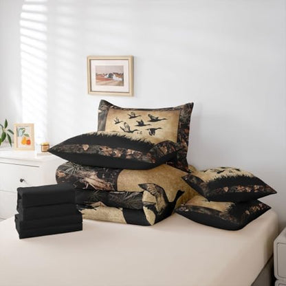 Erosebridal 7 Piece Duck Camo Bedding Set King Size Bed in A Bag Rustic Hunting Comforter Set with Sheets for Boys Teen Men Hunter Country Farmhouse Bed Sets Camouflage Wild Animal Room Decor