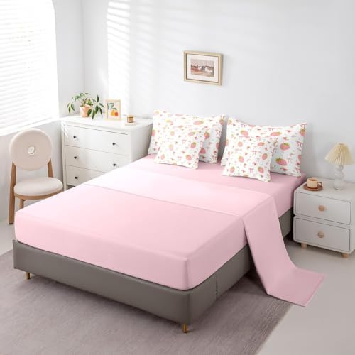 Pink Strawberry Bed in a Bag King Size Comforter Set 7 Pieces,Cute Ribbon Bowknot Sheet Set,Kawaii Bow Knot Bedding Set,Dreamy Princess Girly Bed Set Boho Floral Flowers Pink Decor for Bedroom