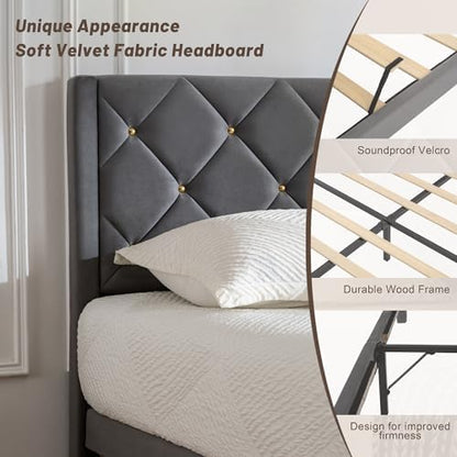 Queen Size Platform Bed Frame with Velvet Headboard
