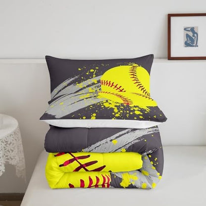 Softball Pattern Comforter Set for Teens Sports Games Bedding Set Yellow Ball Bedding Home Decor for Kids Comforter Twin Size 2 Pcs Watercolor Quilted Duvet Set 1 Comforter with 1 Pillowcase