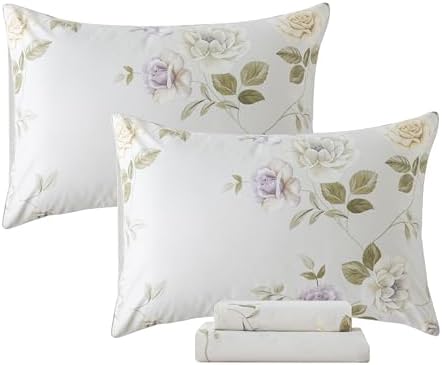 FADFAY Queen Sheets Set Percale Cotton Floral Bed Sheets Deep Pocket Fitted Sheet, Luxury Vintage Roses Floral Printed Shabby Bedding for All Season,Super Soft Crisp & Breathe,4pcs