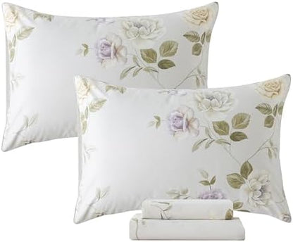 FADFAY Queen Sheets Set Percale Cotton Floral Bed Sheets Deep Pocket Fitted Sheet, Luxury Vintage Roses Floral Printed Shabby Bedding for All Season,Super Soft Crisp & Breathe,4pcs