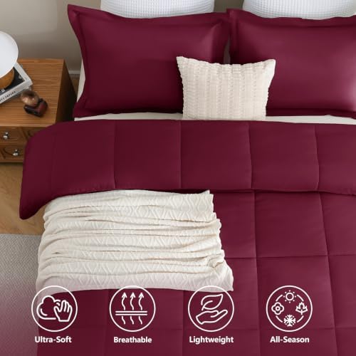 CozyLux Queen Size Comforter Set, 3-Piece Box-Stitched, Burgundy