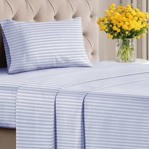 Twin XL 3 Piece Striped Sheet Set - Soft, Breathable & Cooling - Blue Sky