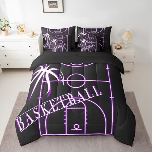 Teens Basketball Bedding Comforter Sets 7pcs for Boys Sports Bed in a Bag, Black Purple Basketball Court Full Bedding Sets Ball Gaming Comforter Set, Sport Gamer Bedding Sets & Collections