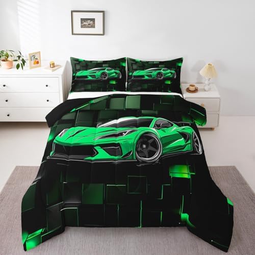 Erosebridal Racing Car Comforter Set King Green Sports Car Bedding Set for Teens Extreme Theme Down Comforter Sports Grid Quilt 3D Duvet Insert 3Pcs Bedding Decor