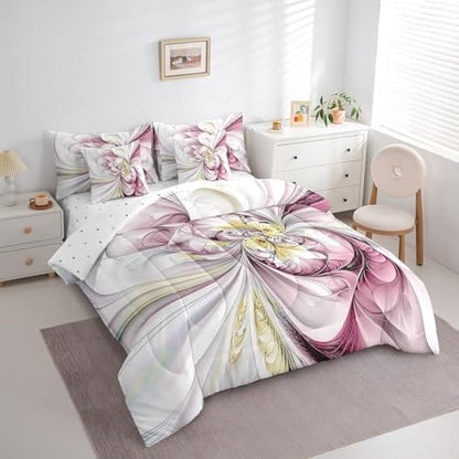 Erosebridal Pink Marble Flower Bedding Set for Kids Teens,Abstract Art Comforter Set Queen Size,Retro Artwork Style (Comforter+Fitted+Flat Sheet+2 Pillowcases+2 Throw Pillow Covers) 7 Pieces Bed Set