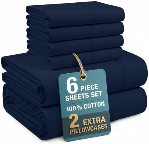 Casa Platino Cal King Sheets Set – 100% Cotton Bed Sheets Cal King, Breathable & Crisp Percale 6 Piece Set, 15" Deep Pocket for A Secure Fit, Ultra Soft & Cozy, Fit – Navy Blue