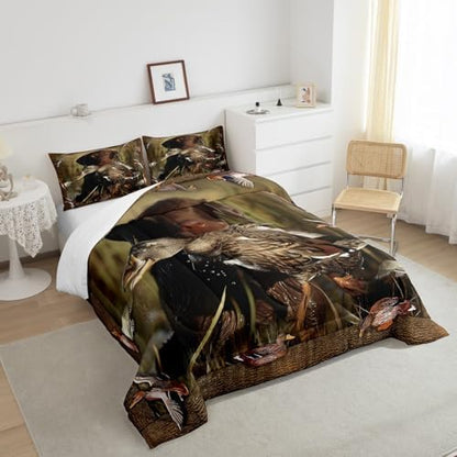 Duck Hunting Bedding Dog Hunter Comforter Set for Kids Boys Girls Wild Animal Mallard Duck Print Duvet Set Hunting and Fishing Farmhouse Theme Quilts Wildlife Flying Duck Bedding Twin Size 2 Pcs