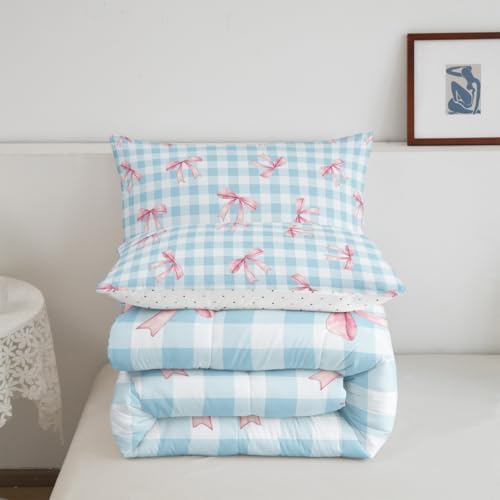 jejeloiu Bowknot Comforter Set King Size Blue Pink Bedding Set for Kids Boys Girls Pink Bow Duvet Quilt Colourful Bowknot Bedroom Decor Microfiber 3 Pcs with 2 Pillow Cases