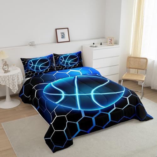 Manfei Basketball Comforter Set King Size, Blue Honeycomb Bedding Set 3pcs for Kids Boys Teen Bedroom Decor, Sports Gaming Theme Quilt Set Geometric Neon Lines Duvet Set with 2 Pillowcases