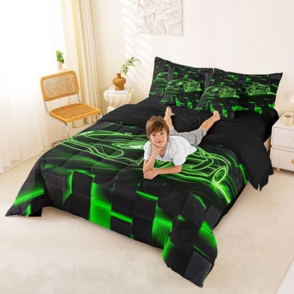 Feelyou Green Race Car Comforter Set King Size 7 Pieces Breathable Soft