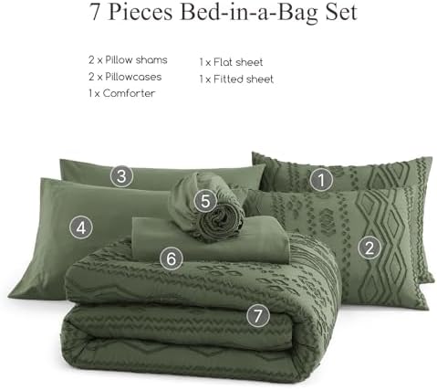 King Size Comforter Set Olive Green Tufted Boho Bedding Farmhouse 7 Pieces