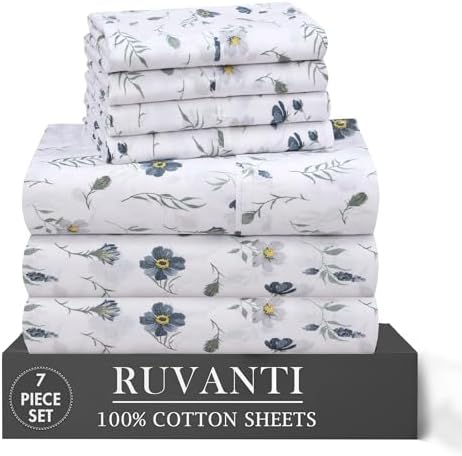 RUVANTI 100% Cotton Split King Sheets, Percale Sheets Set, Coastal Blue