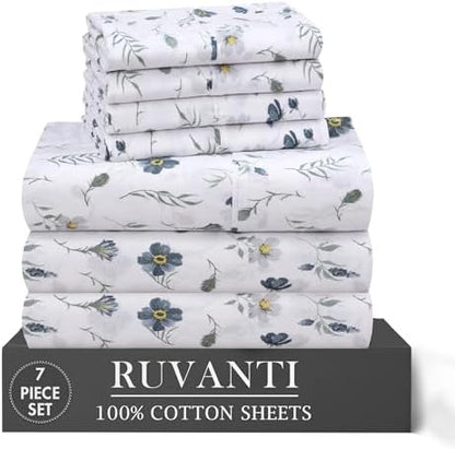 RUVANTI 100% Cotton Split King Sheets, Percale Sheets Set, Coastal Blue