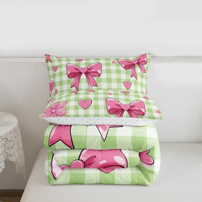 jejeloiu Checkerboard Bowknot Bedding Set Soft for Boys Girls, Pink Bow Comforter Set King Size Plaid Duvet Quilt Microfiber Green Bedroom Decor 3 Pcs with 2 Pillow Cases