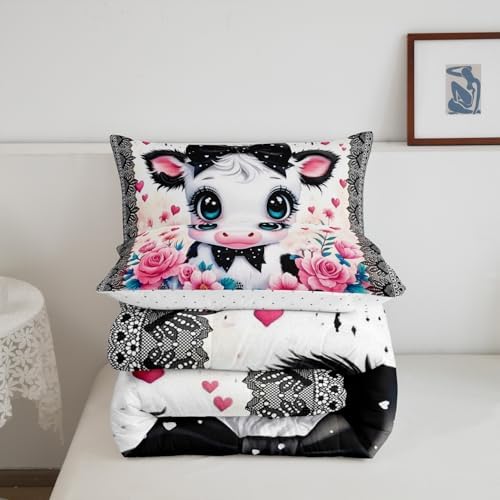 Feelyou Kids Cute Highland Cow Comforter Set Full Size Cartoon Highland Cattle Bowknot Bedding Set Boys Girls Flowers Floral Printed Quilt Set Black Lace Pattern Bed Set