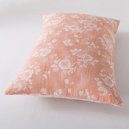 FADFAY King Sheets Set 100% Cotton Washed Double Gauze Muslin Bedding 4Pcs Vintage Coral Rose Floral Sheets Shabby Farmhouse Bedding Luxury Super Soft Breathable Deep Pocket Fitted Sheet, King Size