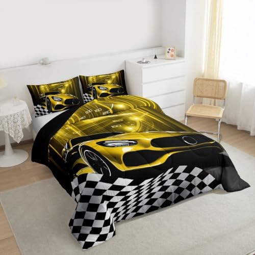 Erosebridal Yellow Race Car Comforter Set for Kids Boys,Glitter Ombre Line Art Bedding Set Neon Light Sports Car Dashboard Quilt Twin,Black and White Grid Lattice Buffalo Plaid Decor
