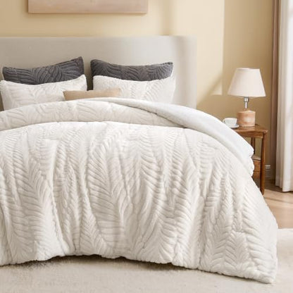 BEDELITE Fluffy Sherpa Queen Comforter Set,Leaf-Cream