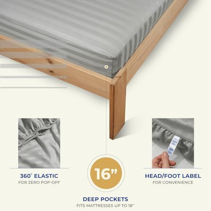 THREAD SPREAD Egyptian Cotton Sheets Queen Size - 1000 Series High Thread Count Cotton Queen Sheet Set (4 PC, Silver - Stripe), 16" Snug Fit Deep Pocket, Cooling, Sateen, Soft Hotel Luxury Sheets
