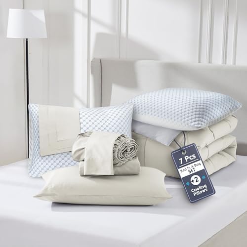 Nestl 9 Piece Queen Comforter Set – Linen Reversible Bed in a Bag – Complete Queen Size Bedding Set with Sheets, Set of 2 Cooling Pillows, Pillowcases and Shams