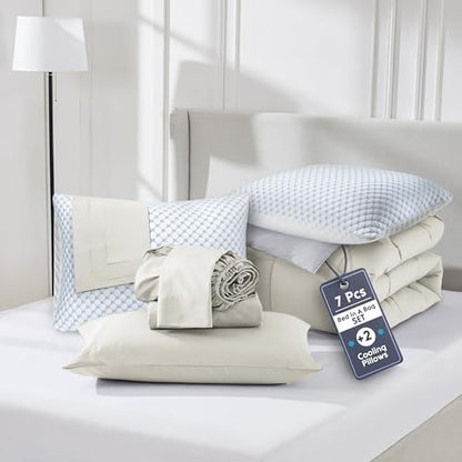 Nestl 9 Piece Queen Comforter Set – Linen Reversible Bed in a Bag – Complete Queen Size Bedding Set with Sheets, Set of 2 Cooling Pillows, Pillowcases and Shams