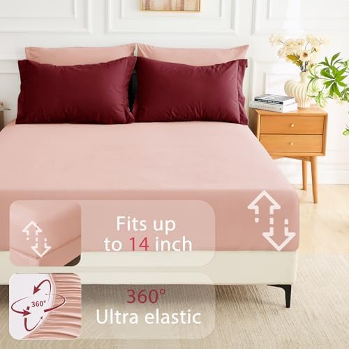 MUXHOMO 7 Pieces Oversized Queen Comforter Set, Soft Bed in a Bag Oversized Queen Size, All Season Bedding Set with Comforter, Flat Sheet, Fitted Sheet, Pillowcases & Shams, Burgundy & Rose Gold