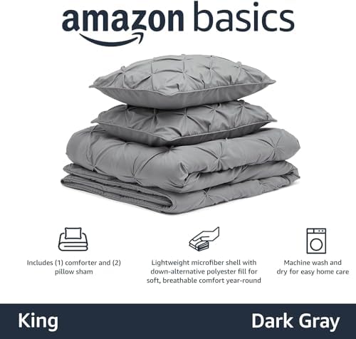 Amazon Basics Soft, Lightweight King Size Comforter Set, All-Season Down-Alternative 3-Piece Bedding Set, Pinch Pleat Design with Piped Edges, Dark Grey