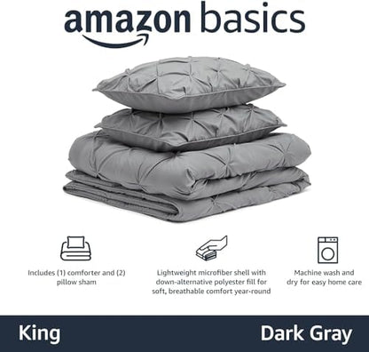 Amazon Basics Soft, Lightweight King Size Comforter Set, All-Season Down-Alternative 3-Piece Bedding Set, Pinch Pleat Design with Piped Edges, Dark Grey