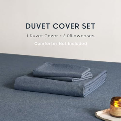 Wake In Cloud - Cotton Duvet Cover Set, 100% Washed Cotton, Linen Like Textured, Breathable Durable Comfy Farmhouse Neutral Bedding Set, 3 Pieces, Denim Blue, Twin/Twin XL Size