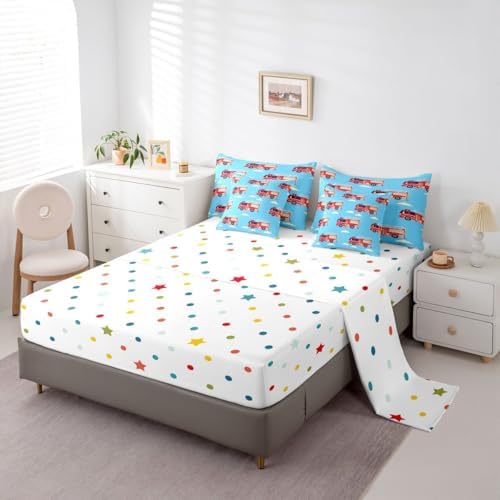 Erosebridal Cartoon Fire Truck Queen Bed in A Bag, Red Firemen Car Comforter Set with Sheets, White Cloud Blue Sky 7 Pieces Bedding Set for Kids Men Teens Boys Room Decor, Fire Engine Bed Sets